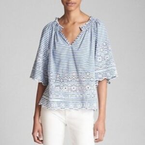 Sz S GAP Shirred Split-Neck Embroidered Striped Blouse with 3/4 Sleeves